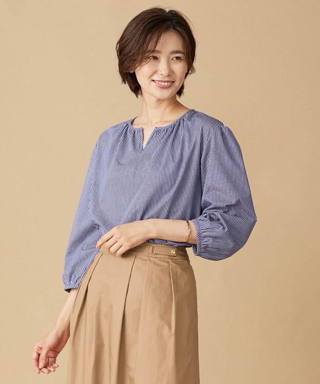 J.PRESS LADIES 【WEB限定カラーあり・洗える・イージーケア】 アーネストストライプ スリットネック カットソー ネイビー系1