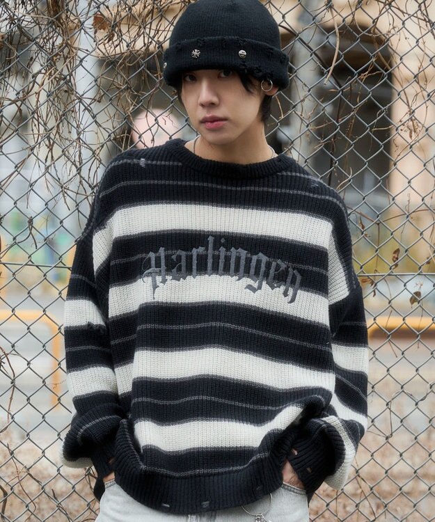WEGO 【ユニセックス着用ITEM】アゼアミボーダーニットプルオーバー ブラックボーダー