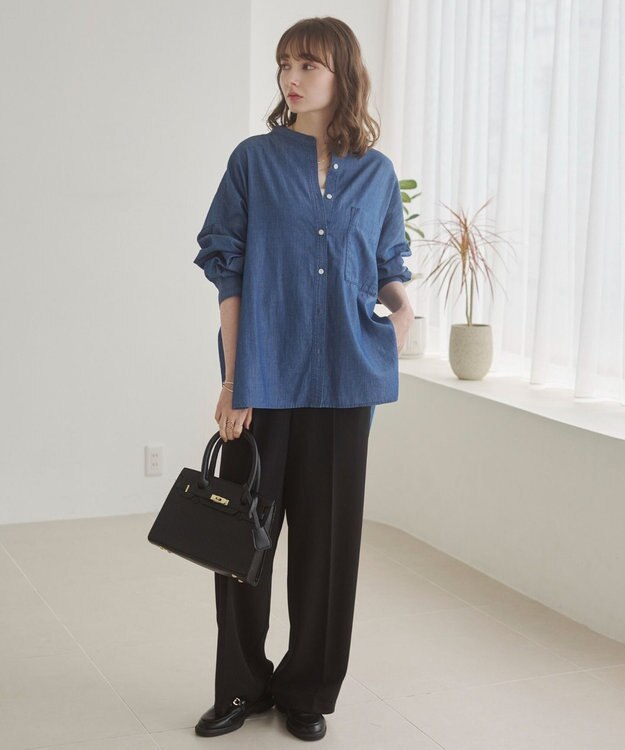 WEGO 【ANGIE VINTAGE】シアーデニムバンドカラーシャツ ネイビー