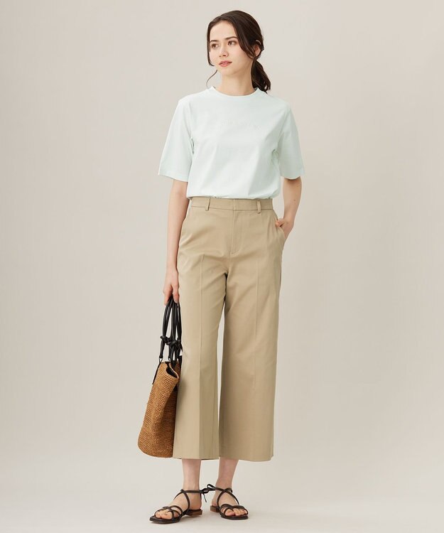 自由区 L 【接触冷感・洗える】コットンサテンストレッチクロップド丈ワイド パンツ ベージュ