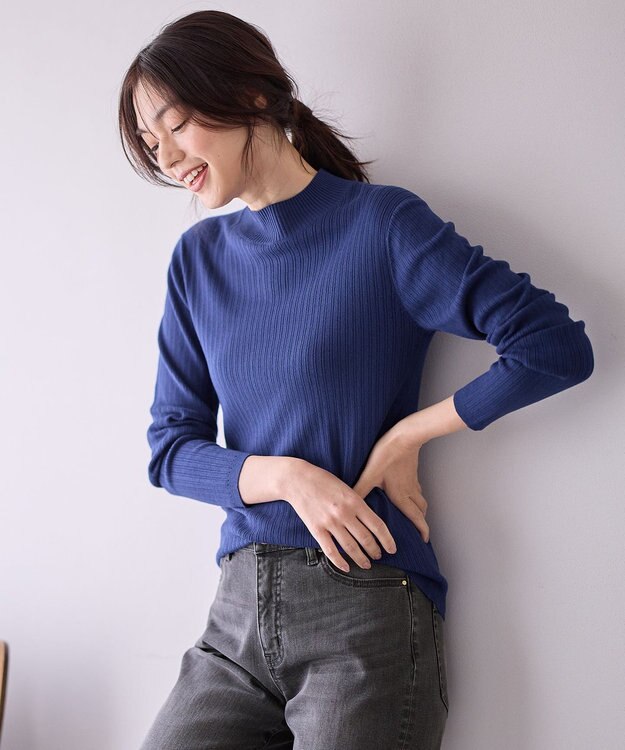 ANY 【洗濯機可】ランダムリブハイネックニット ロイヤルブルー