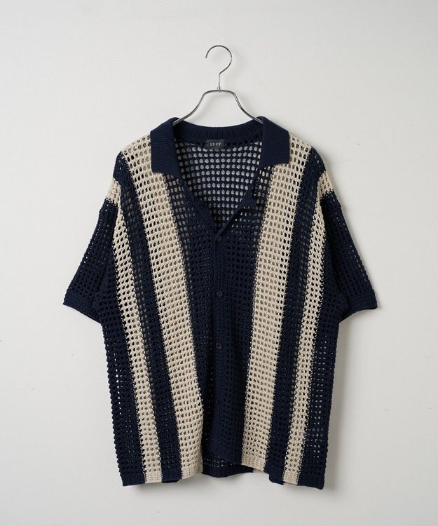 WEGO マルチストライプニットシャツ（S） ネイビー