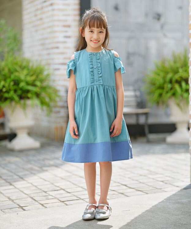 組曲 KIDS 【UVケア】【110-140㎝】バイカラー ワンピース ターコイズブルー