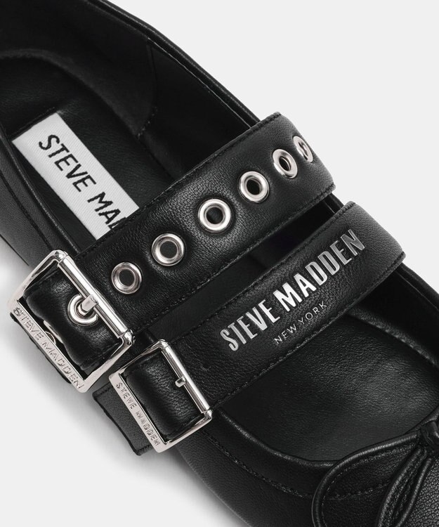 STEVE MADDEN CEARA バレエダブルストラップフラットシューズ ブラックレザー