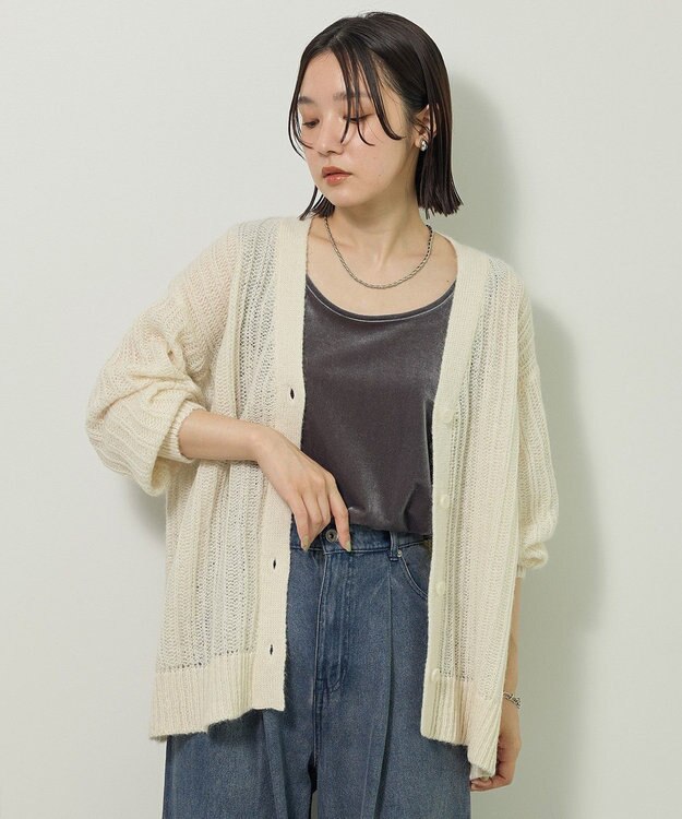 Green Parks シアーニットＶネックカーディガン Off White