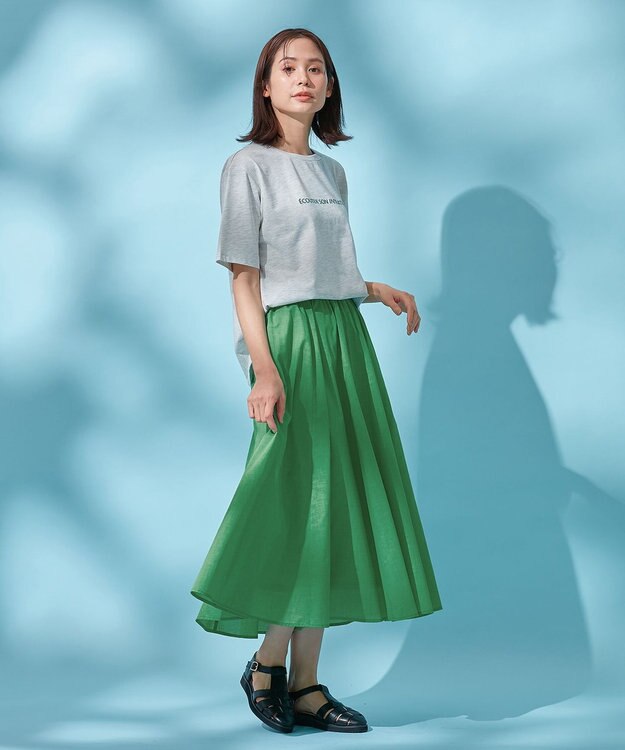 ANY L 【ウエストゴム/ポケット付】シャンブレーライク フレアスカート グリーン