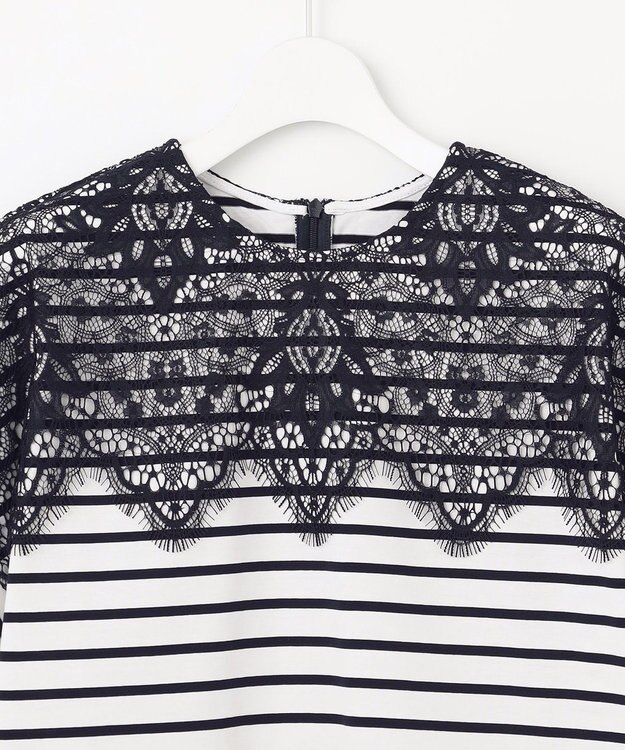 自由区 【洗える】レース Tシャツ オフ×ネイビーボーダー