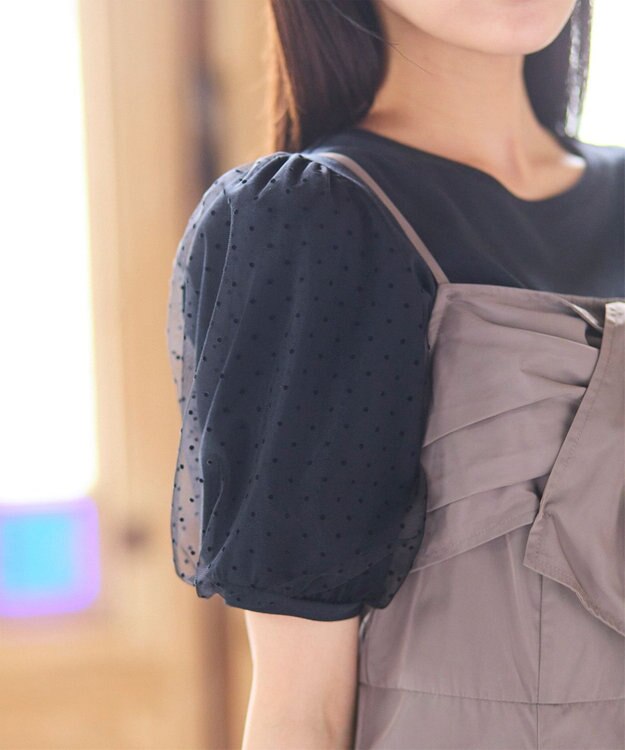 Feroux 【汗ジミが目立たない・洗える】チュール袖パフスリーブ Tシャツ ブラック系