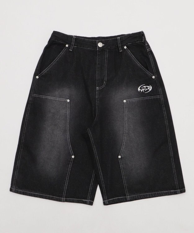 WEGO 【ユニセックス着用ITEM】ダブルニーロゴデニムショーツ デニムブラック