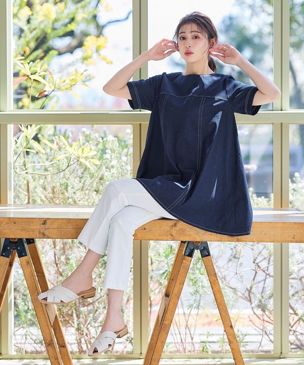 Tiaclasse 【洗える】デニムチュニックブラウス ネイビー