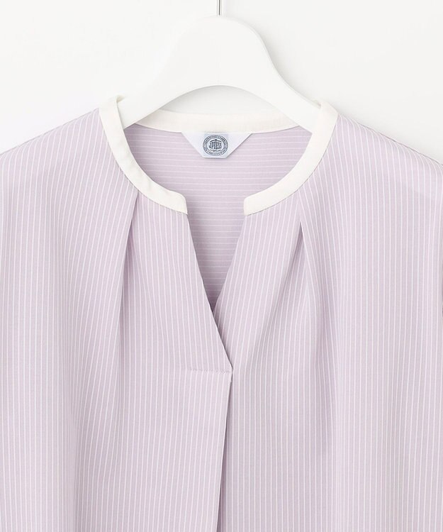 J.PRESS LADIES L ピンストライプジャージー バンドカラー スキッパー カットソー ふじ色系1