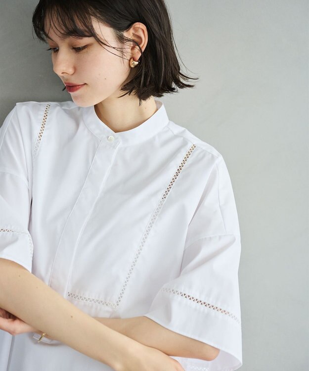 #Newans 【洗える/セットアップ可能】ハシゴレースビブデザインシャツ ホワイト