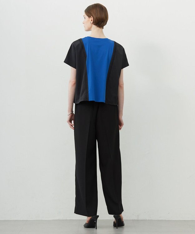 ICB L 【接触冷感・UVケア・洗える】シルケットスムースコンビ バイカラーカットソー ラピスラズリ×ブラック系