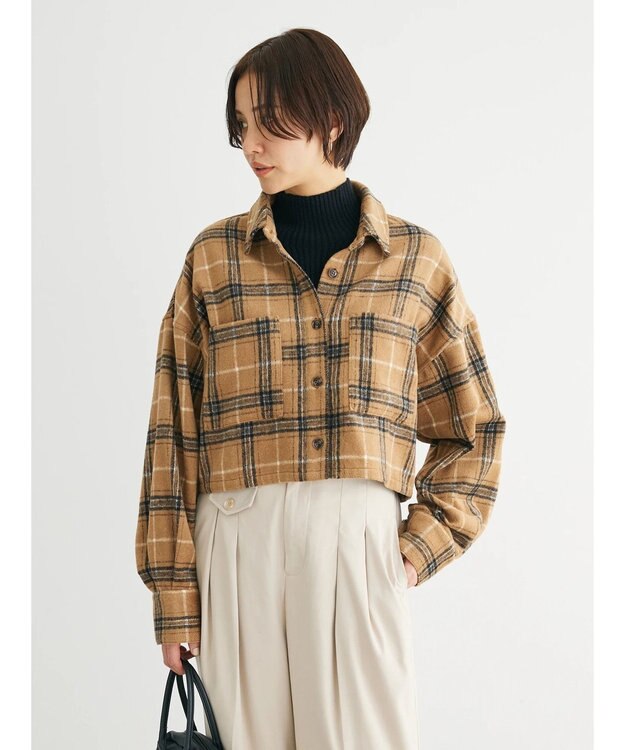 Green Parks ・ＥＬＥＮＣＡＲＥ　ＤＵＥ　シャギーチェックショートシャツ Camel