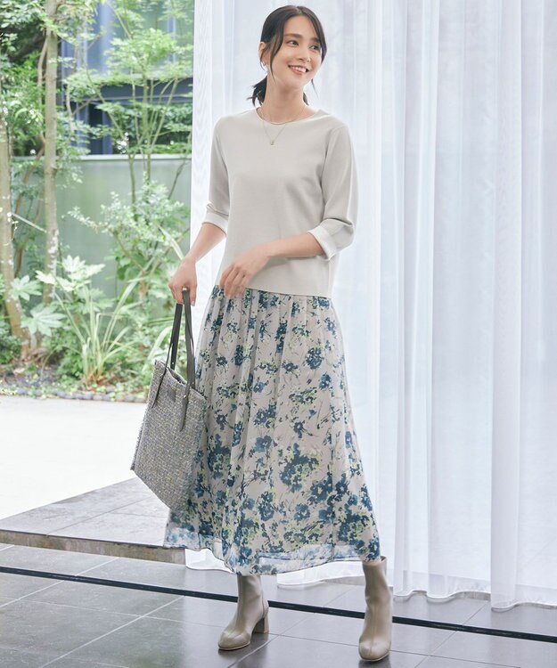 自由区 L 【アンサンブル対応・洗える】レーヨンストレッチ7分袖 ニット ベージュ