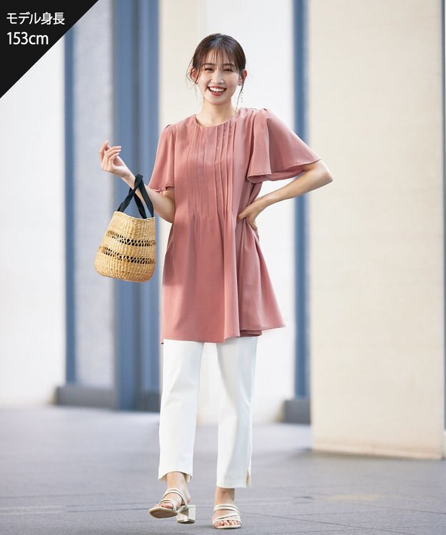 Tiaclasse 【洗える】麻調ピンタックチュニックブラウス ピンク