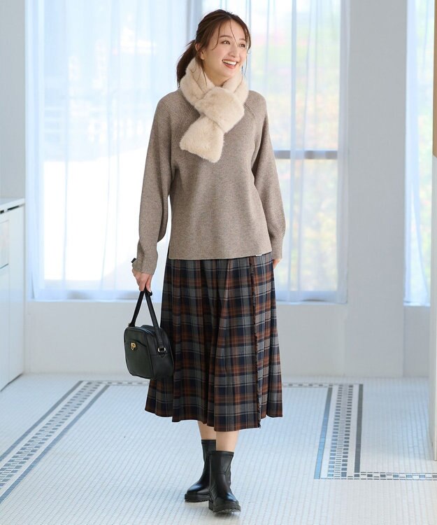 ANY L 【手洗い/ウエストゴム】チェック柄フリンジプリーツスカート グレー