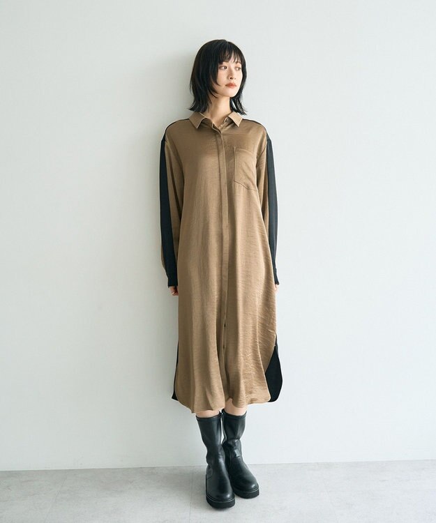 YECCA VECCA ヴィンテージサテンシャツワンピース Khaki