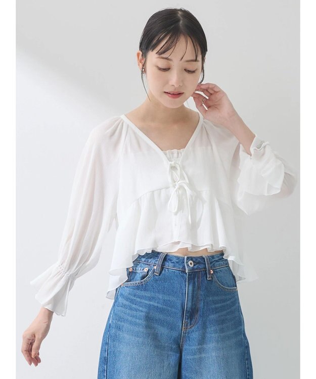 earth music&ecology ＳＥＴ２点キャンディースリーブブラウス＋インナー Ivory