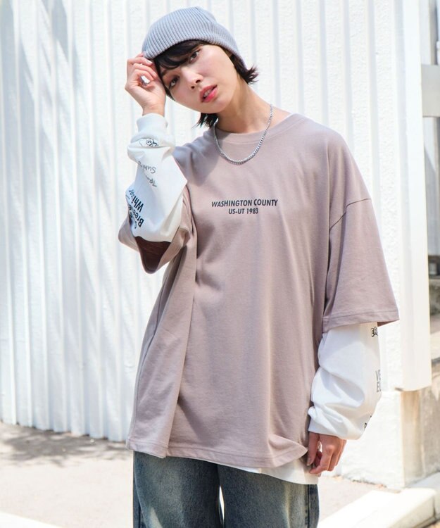 WEGO 【ユニセックス着用ITEM/2点SET】アクセ付きグラフィックアンサンブルT（LS） ベージュ