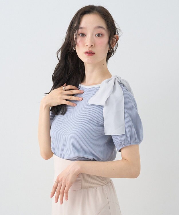 earth music&ecology アシメ肩リボンカットソー Grayish Blue