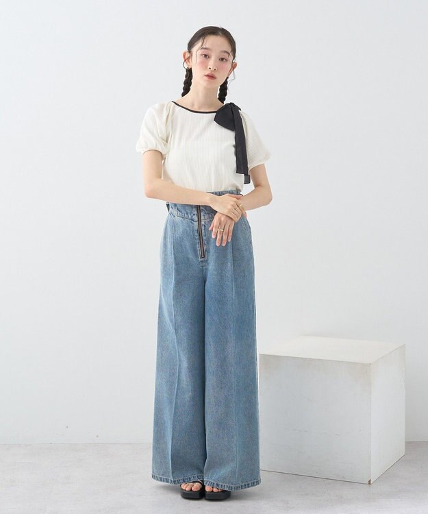 earth music&ecology アシメ肩リボンカットソー Ivory