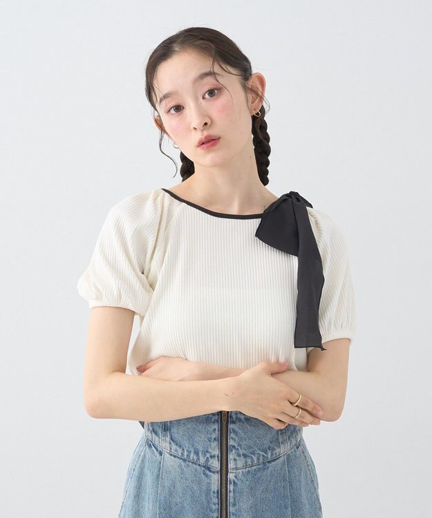 earth music&ecology アシメ肩リボンカットソー Ivory