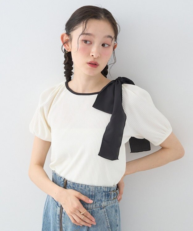 earth music&ecology アシメ肩リボンカットソー Ivory