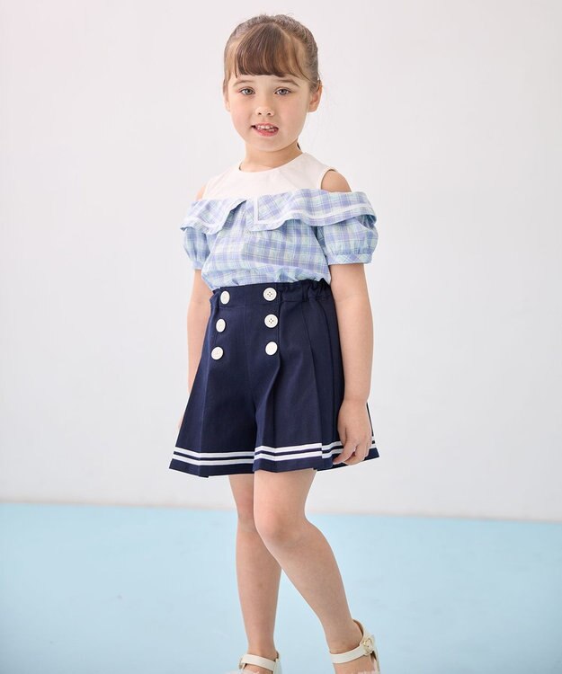 ANY KIDS チェック オフショルダー ブラウス サックスブルー