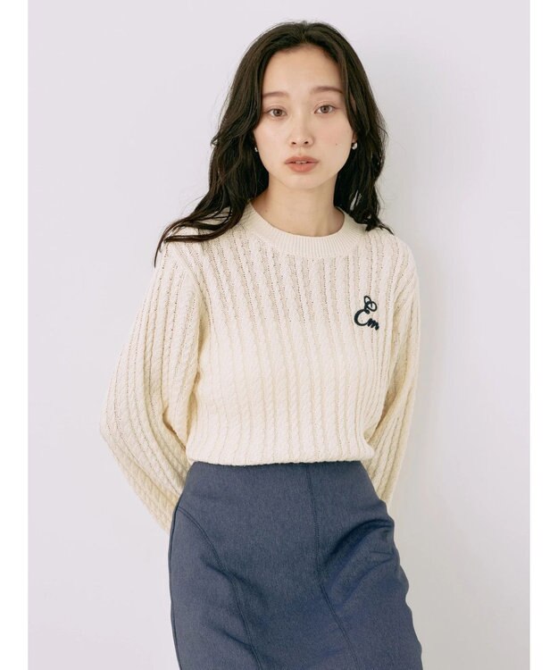 earth music&ecology 刺繍入りケーブルニットプルオーバー Ivory