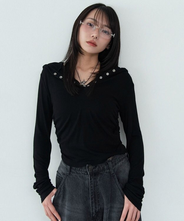 WEGO ヘンリーネックフードロンT ブラック