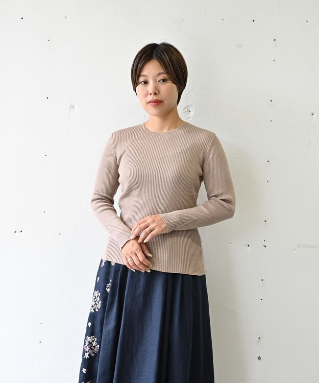 muuc 〈高品質シルク＆スーピマ超長綿〉〈洗えるニット〉〈通年着られる〉袖口模様編み プルオーバー ピンクベージュ