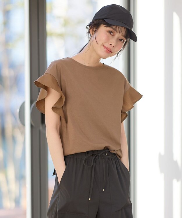 ANY 異素材コンビフリルスリーブプルオーバー モカ