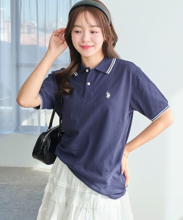 WEGO 【ユニセックス着用ITEM/SMLサイズ展開】別注USPOLOラインポロシャツ ネイビー