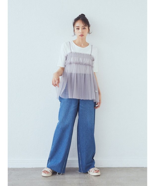 earth music&ecology ＳＥＴ２点チュールビスチェ＋リブプルオーバー Gray