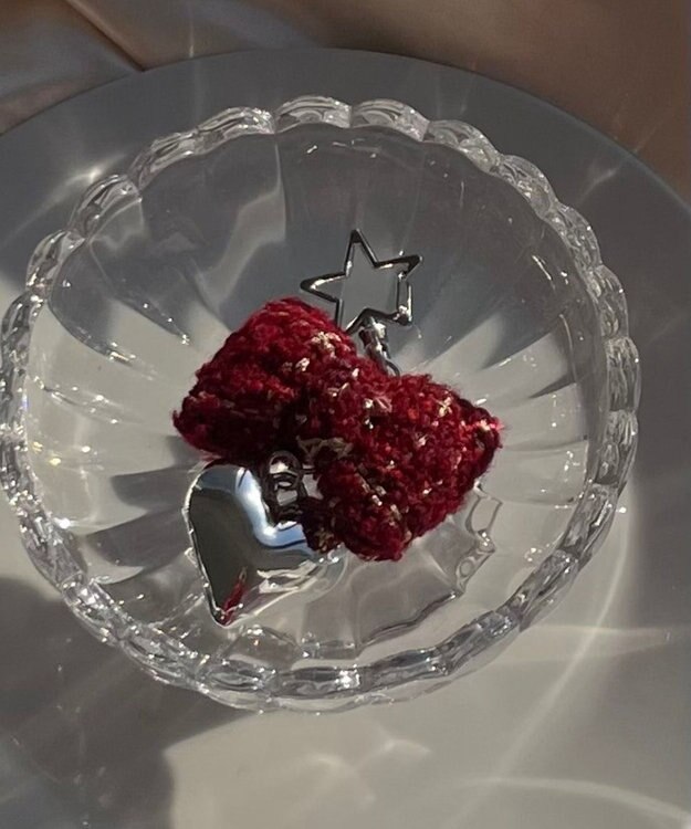 WEGO ツイードリボンハートキーホルダー レッド