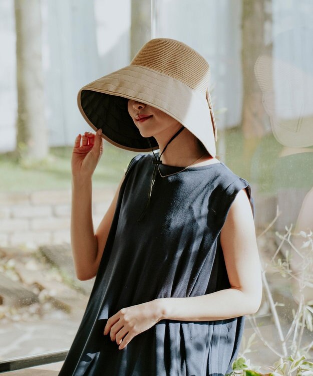 MOONBAT 【遮光100%/UPF50%＋/UVカット】洗えるバックリボン ブレードパラソルハット 手洗いOK/サイズ調整可能/吸水速乾/遮熱 ベージュ