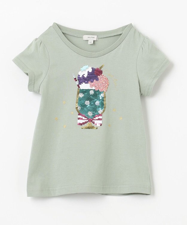 ANY KIDS 接触冷感スパンコールTシャツ ミント×ドリンク