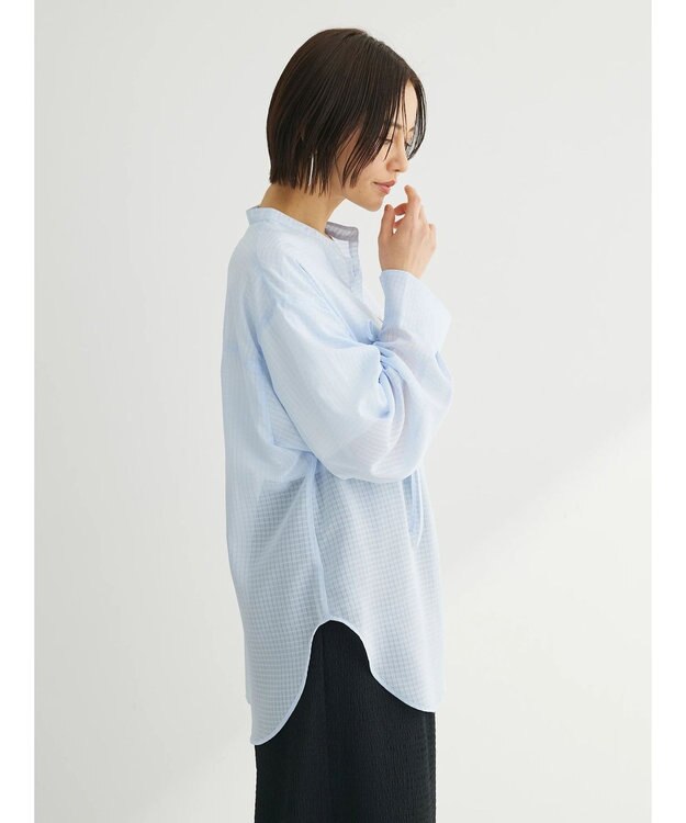 Green Parks シアーチェック袖ドロストシャツチュニック Sax