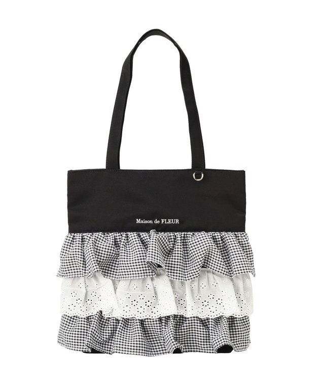 Maison de FLEUR サテンフロントフリルスクエアトートバッグ Black