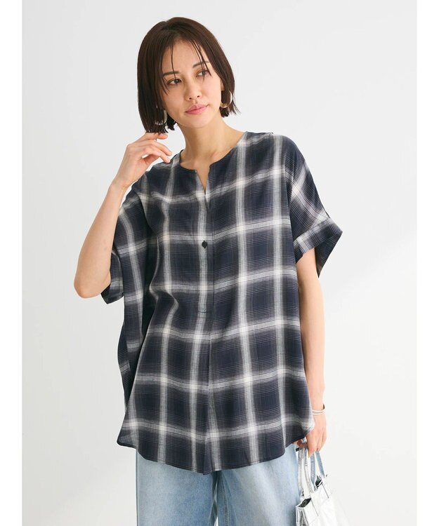 Green Parks リネンレーヨン前立てブラウス Check