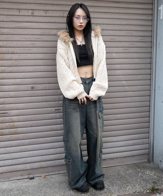 WEGO フェイクファー付きケーブルニットパーカー ホワイトアイボリー