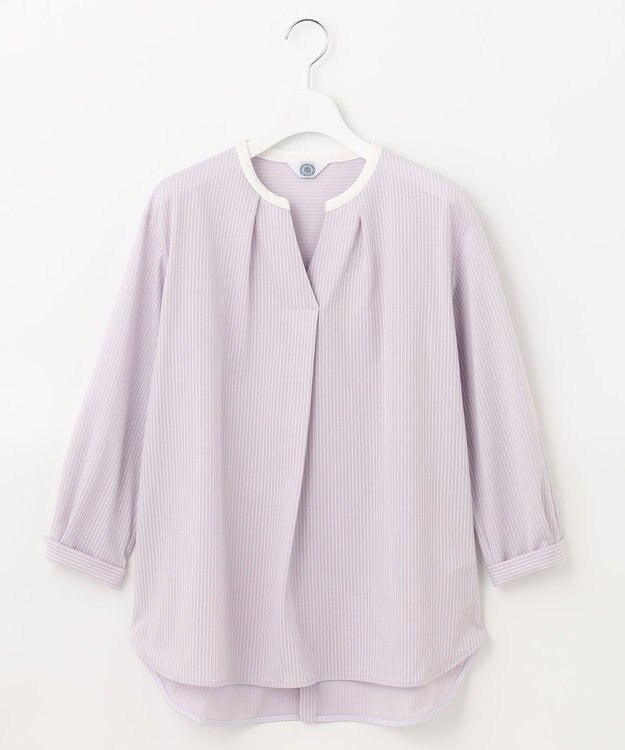 J.PRESS LADIES L ピンストライプジャージー バンドカラー スキッパー カットソー ふじ色系1