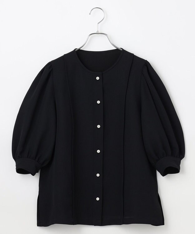 #Newans 【洗濯機可能/シワになりにくい】〈肩幅・二の腕が華奢見えする〉パフスリーブバイカラーブラウス ブラック