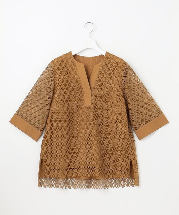 自由区 S 【洗える】ジオメトリックフラワーレースプルオーバー ブラウス モカ