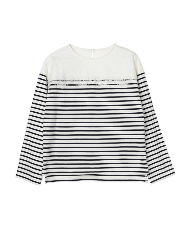 earth music&ecology レースボーダーカットソープルオーバー Navy