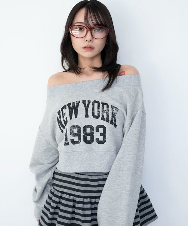 WEGO グラフィックオフショルショートスウェット 杢グレー