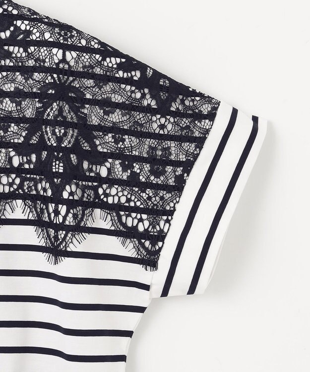 自由区 S 【洗える】レース Tシャツ オフ×ネイビーボーダー