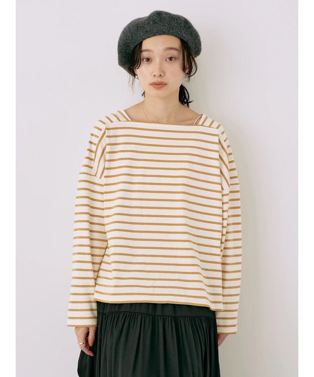 earth music&ecology スクエアボーダープルオーバー Mustard