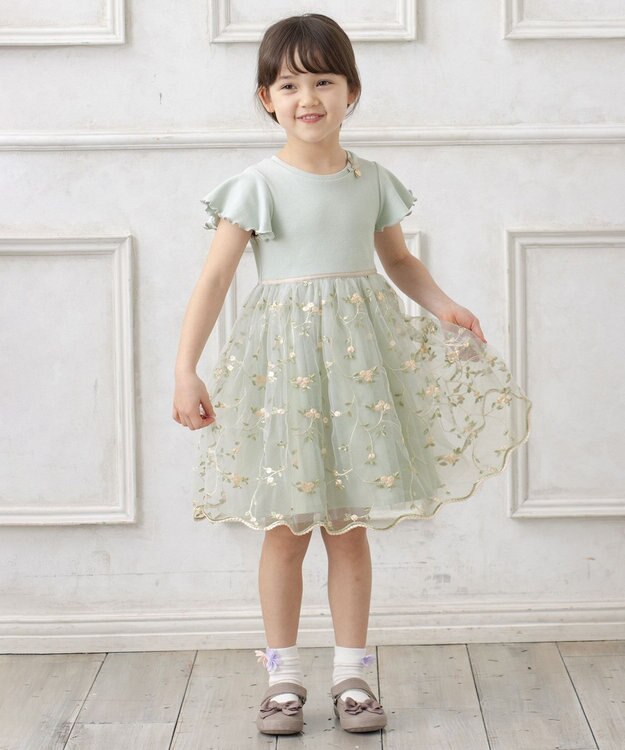 ANY KIDS 刺繍チュールガーリー ワンピース エメラルドグリーン